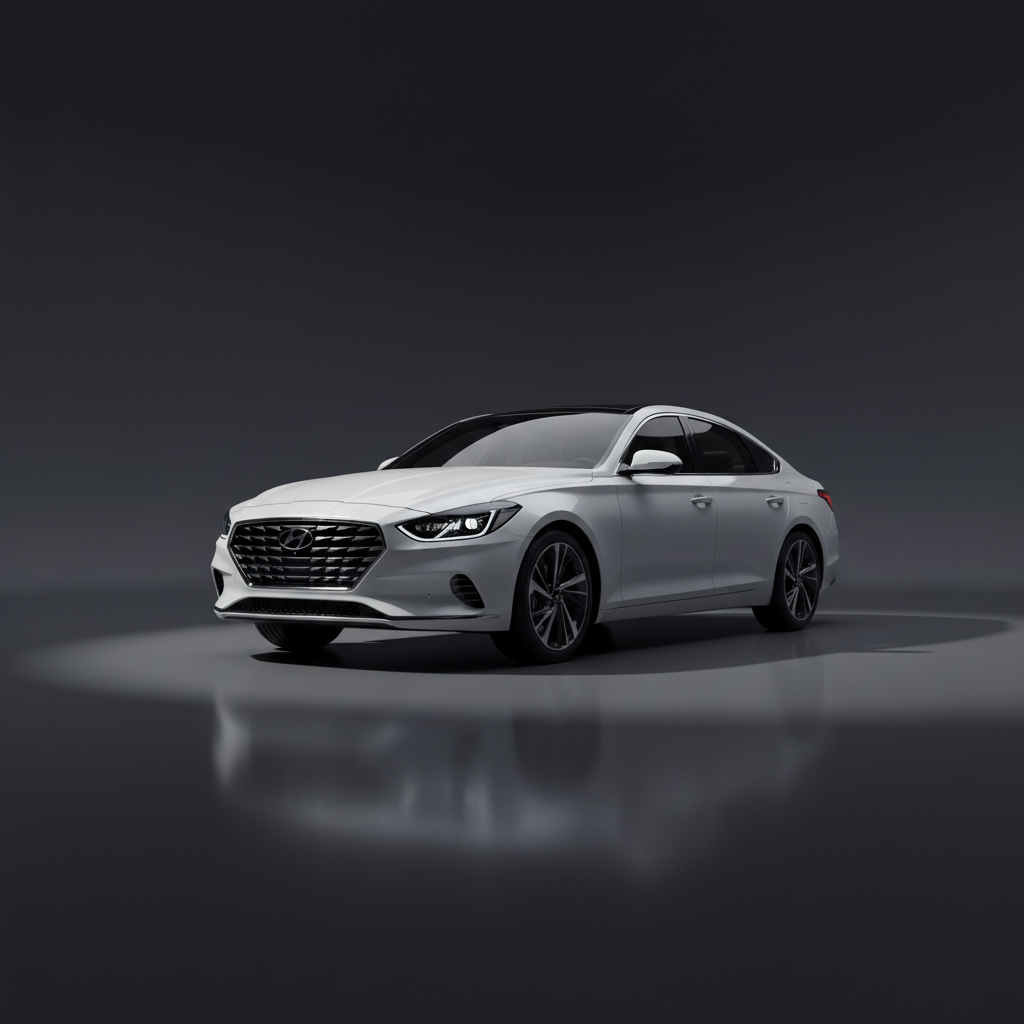 A gleaming Hyundai flagship sedan in pearlescent white, captured in photographic realism, positioned on a seamless dark charcoal studio floor that fades into a minimalist background. Sharp, directional lighting from the upper left carves out crisp highlights along the sculpted hood, chrome grille, and aerodynamic side panels, casting bold, clean shadows to the right. The environment is intentionally empty, emphasizing the car’s bold silhouette and modern LED light signature. Shot from a low three-quarter front angle with a wide lens, the composition centers the vehicle, with shallow depth subtly softening the distant background. The mood is powerful and aspirational, evoking innovative Korean engineering and premium design, perfect for a hero banner on a creative Hyundai sales website.