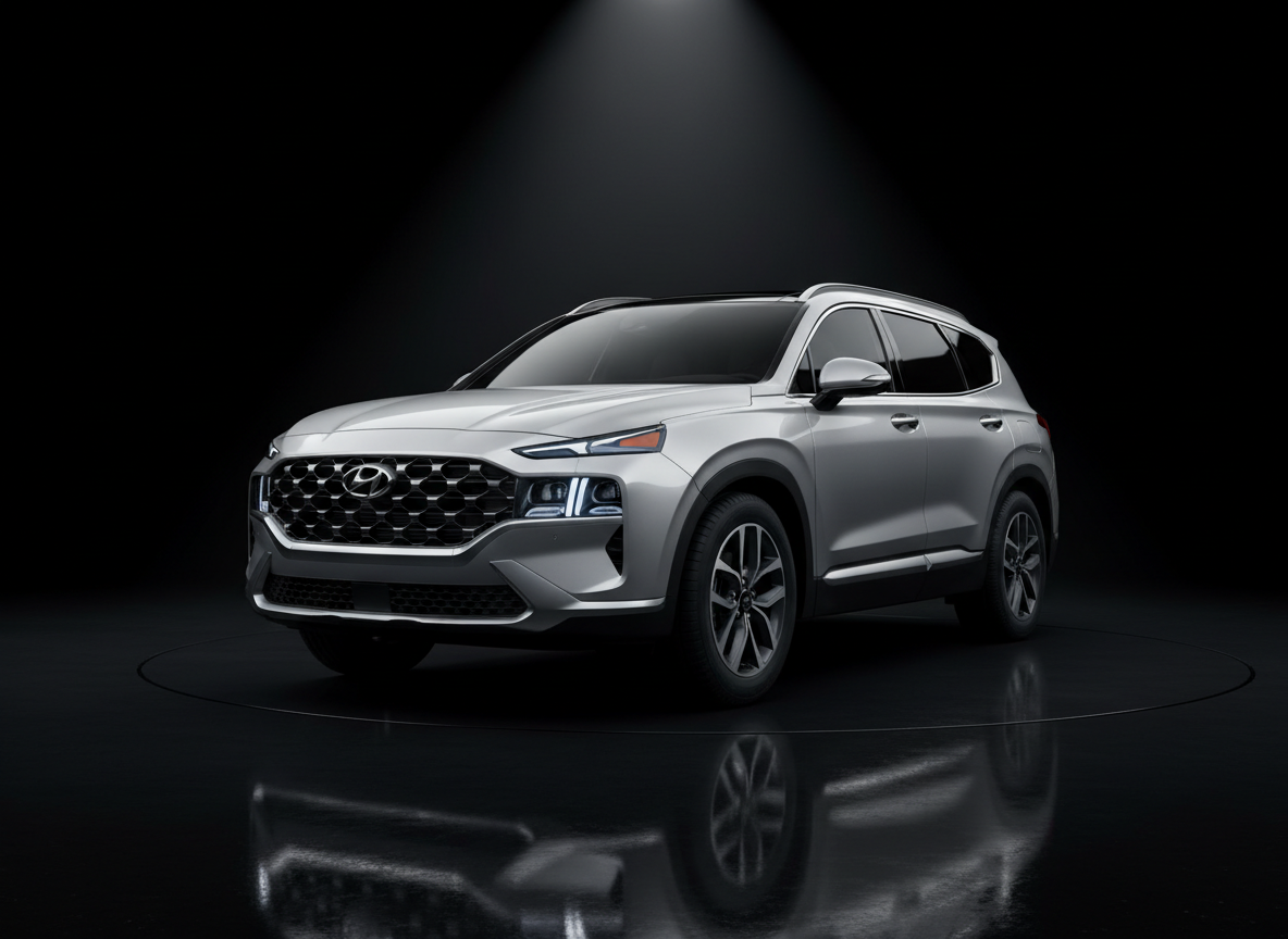 A metallic silver Hyundai SUV captured mid-turn on a subtly reflective black surface, as if pivoting on a spotlighted stage within an otherwise empty, dark studio. Powerful overhead directional lighting forms a dramatic cone around the vehicle, drawing precise highlights along its wheel arches, roofline, and grille, while plunging the periphery into deep shadow. The background remains minimalist and nearly black, enhancing the sense of motion and focus. Photographic realism with a slightly low, front three-quarter angle emphasizes its stance and ground clearance. Fine details like tread texture, LED headlights, and sharp body creases are in tack-sharp focus. The atmosphere is energetic, performance-driven, and unapologetically bold, ideal for marketing campaigns about capability and presence.