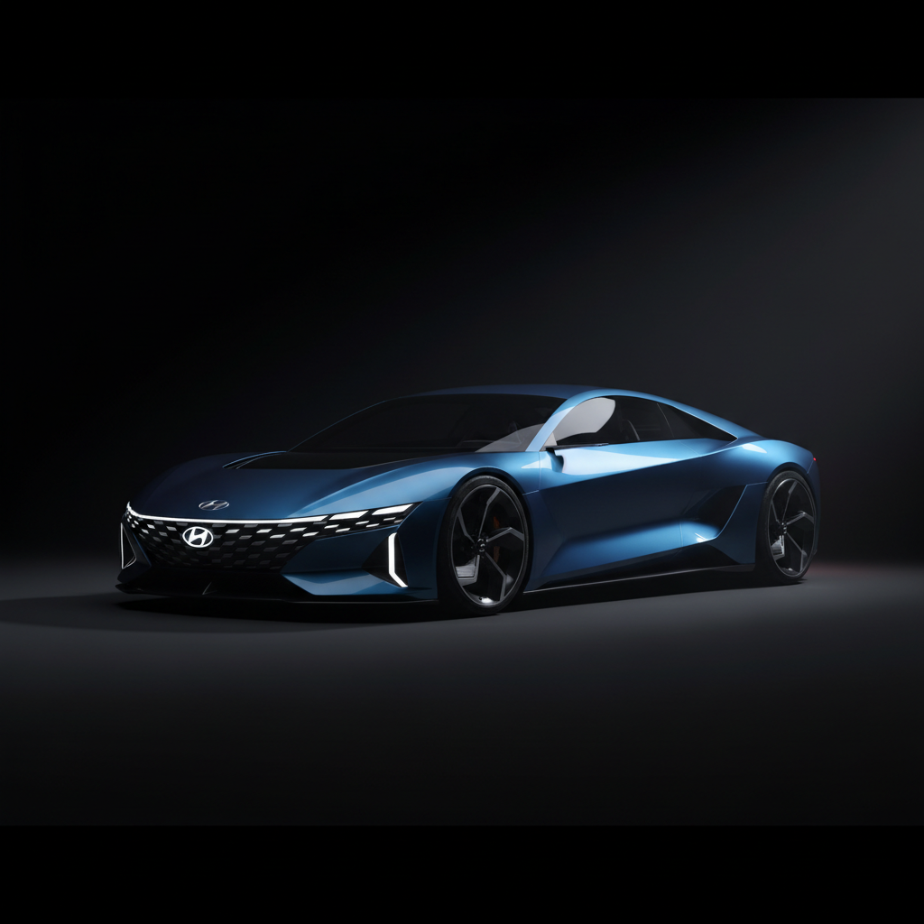 A futuristic, concept-style Hyundai sports EV in deep metallic blue, rendered in photographic realism, sits alone on a seamless matte black floor. Its low, sculpted body, illuminated parametric grille, and razor-thin LED light strips define an aggressive, high-tech profile. A hard, focused beam of light from the rear-right rakes across the car, leaving the front in controlled shadow with just enough reflection to hint at its form, creating a dramatic chiaroscuro effect. The minimalist background fades into solid darkness, eliminating all distractions. Shot from a very low side angle with a long lens to compress the lines, the composition feels cinematic and visionary. The mood is bold, experimental, and innovative, suited for articles about future Hyundai models and creative automotive strategy.