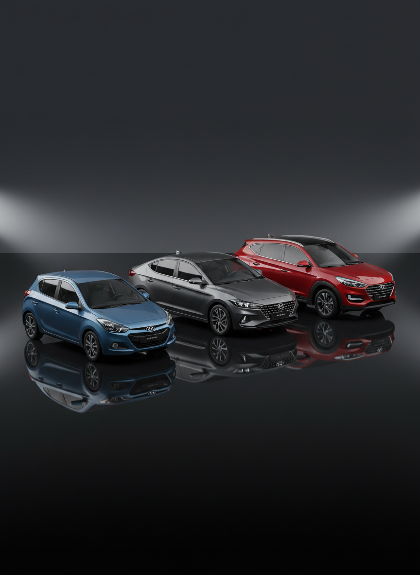 A dynamic lineup of three Hyundai models—a compact hatchback, a sleek sedan, and a muscular SUV—in metallic blue, graphite gray, and radiant red, parked on a glossy black floor that mirrors their reflections. The minimalist studio background is pure matte dark gray, free of distractions. Intense directional lighting from both sides creates razor-sharp highlights on body lines and deep, graphic shadows beneath the cars, emphasizing their distinct silhouettes. Captured in photographic realism from a slightly elevated wide angle, the composition forms a powerful diagonal across the frame. The mood is bold, confident, and strategic, ideal for illustrating model comparison and unique marketing positioning on a modern automotive insights site.