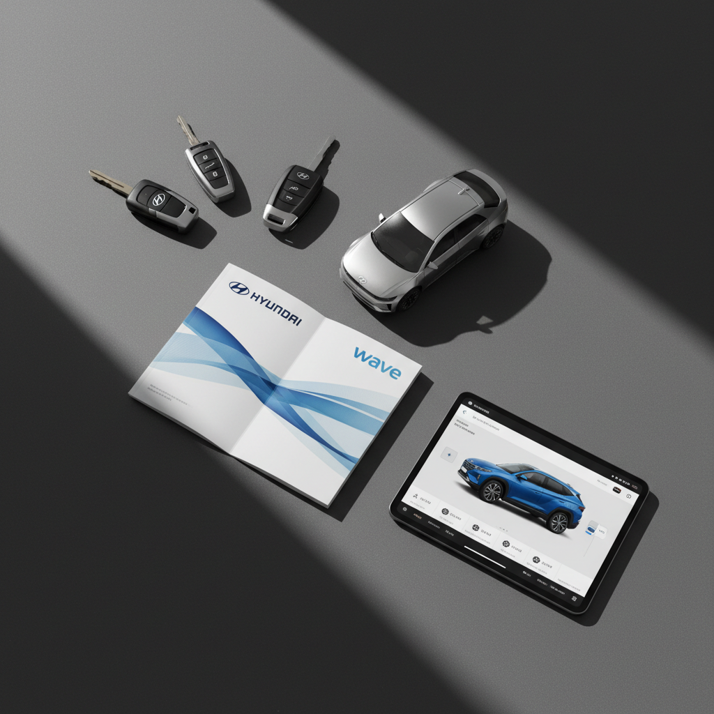 A meticulously arranged flat lay of Hyundai-branded car keys, a sleek metallic miniature Hyundai model, a glossy brochure with a bold Wave Hyundai logo, and a black tablet displaying a modern car configurator interface. All items rest on a matte graphite surface within a minimalist studio setting. A single strong directional light from the top left creates sharp, geometric shadows that stretch diagonally across the frame, emphasizing clean lines and forms. Photographic realism with a top-down composition ensures every detail, from brushed metal textures to crisp print typography, is clearly visible. The mood is strategic and professional yet creative, designed to illustrate digital-first car sales, unique marketing strategies, and a modern buying journey without any human presence.